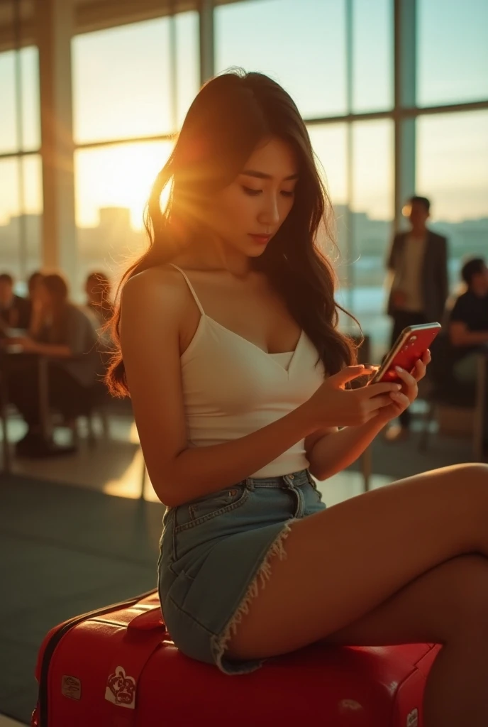 In a bustling airport lounge during golden hour, a slim young Korean woman relaxes on a bright red suitcase, focused on her smartphone. She’s wearing a chic little white tank top, showing off her cleavage, and a chic denim mini skirt that flatters her figu...