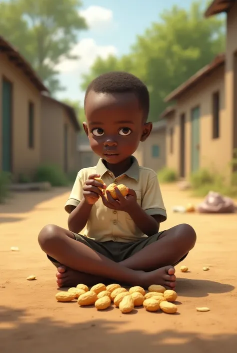 A Nigerian school boy eating tiny smoothly coated peanuts 