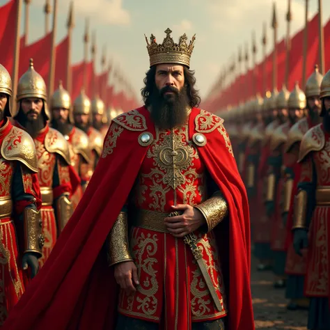 Germany king, jo red costume aur crown pehne hai, uske piche 1 lakh fauji khade hain, jo red and golden Armor pehne hai, characters bade size me hai, scene created in period of Salahuddin Ayyubi 