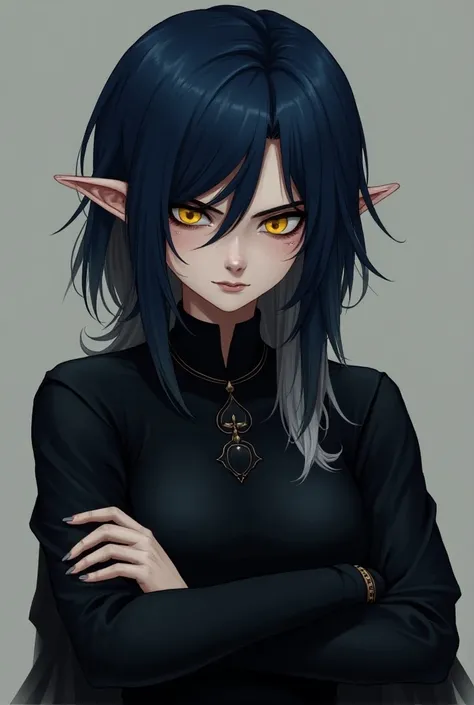  dark elf with short dark blue hair Long white locks in front  at shoulder height,  Yellow Eyes ,  a scar on her left eye , pale skin, black clothes,  with arms crossed . Annoying facial expression.Thick body. Style RPG dark Fantasy 