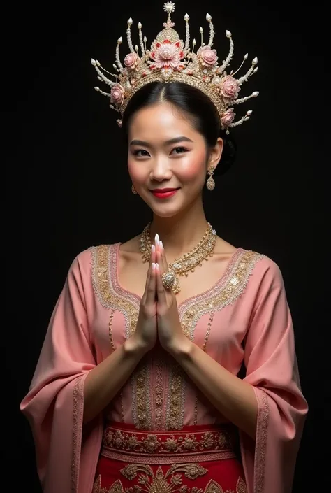 very realistic portrait of a beautiful Indonesian woman 30 years old, wearing aesan gede clothes typical of South Sumatra Indonesian, hair in a bun with a large forcing kong crown in pink gold with intricate motifs with strands of woven jasmine, wearing a ...