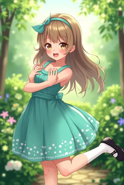 anime, female, young adult, light brown hair, athletic body type, sleeveless turquoise dress, polka dots, a-line skirt, knee-length skirt, turquoise hairband, black mary jane shoes, white socks, happy, long hair, beautiful, garden, subtle muscles in arms, ...