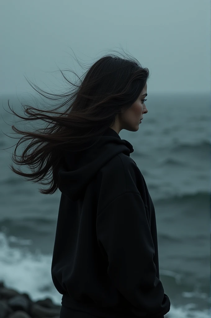 A black hoodie looking at the black sea and my hair is fluttering
Draw a woman