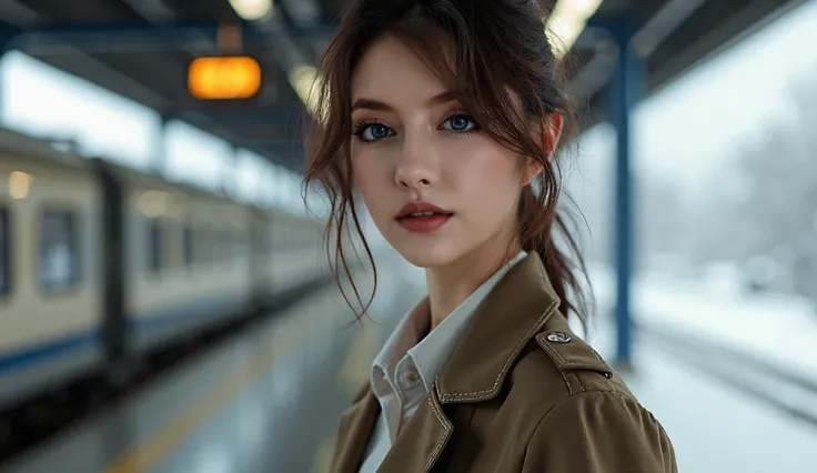  A picture looking straight ahead , Table,  Top Quality ,  realistic, ultra-detailed,   Delicate Details ,  high resolution, 8k wallpaper,  1 beautiful woman ,,  brown hair mess , The background of the travel suit , Normal chest,  sharp focus ,  Perfect Dy...