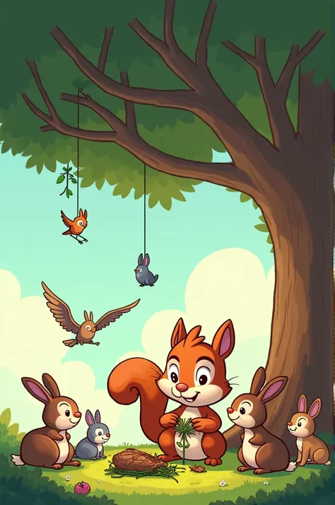 "A cartoon-style scene of Champu, the clever squirrel, sitting under a tall tree and crafting a kite out of leaves and twigs. He looks focused and determined, while other animals like rabbits and birds curiously watch from a distance."
