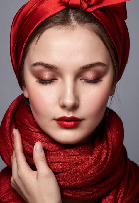 girl of Russian appearance, on her head a red scarf, on her face a slight smile, plump lips, chestnut hair, a red Russian ribbon wraps around her head, eyes closed, on her eyes light make-up and a black arrow, face round face light 