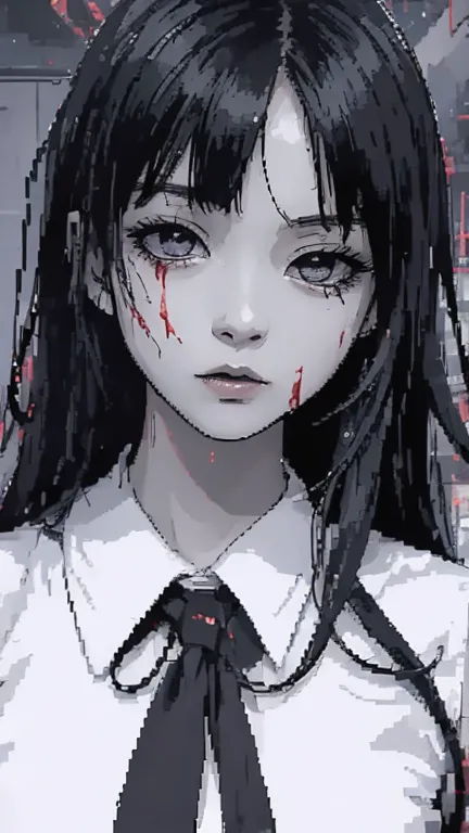 [pixel art . anime girl 1, in a terrible style of manga; the state of anxious immobility, the mood of the dark riddle and subcul...