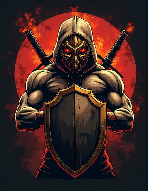 Logo Name This "UNNAMED HERO" stands for "MONGOLI FIGHTER WARRIOR" UFC Cage Fighting Sport. It is a figure with a helmet, red eyes with electric smoke coming out of it, and a golden mask with a stylish and terrifying face, carrying a shield and 2 crooked s...