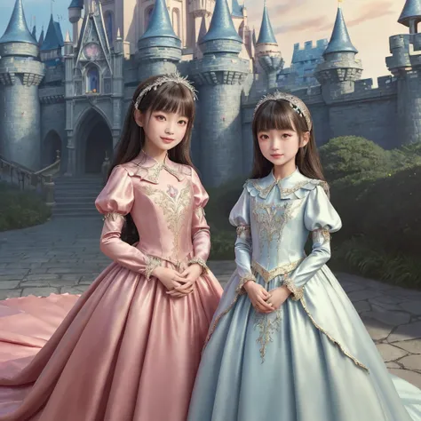 (masterpiece, best quality:1.5), highest quality, high resolution, super detailed, realistic. Full-body photo of two ten year old Asian girls with the same age of  and height. One has straight-cut hair bangs, and the other has one-sided hair bangs. Both ha...