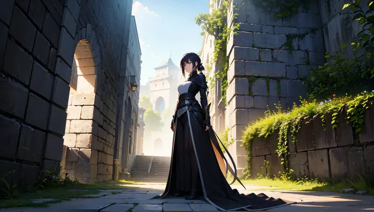 Against an ancient city wall、 while the legendary sword stands beside her 、 A beautiful girl stands quietly against an ancient castle wall 。 mysterious light from the sword {x} envelops her、 create an otherworldly atmosphere 