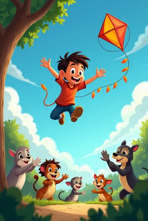 "A dramatic cartoon-style moment of Champu leaping off the branch with his kite catching the wind. He looks thrilled as he begins to soar, while animals on the ground cheer and look up."

