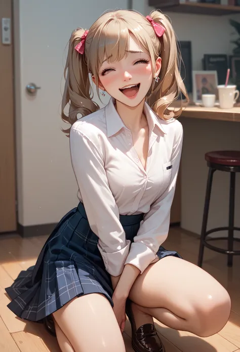 Dress shirt， ponytails，skirt，Raise one knee， panties 、woman， shy laugh 