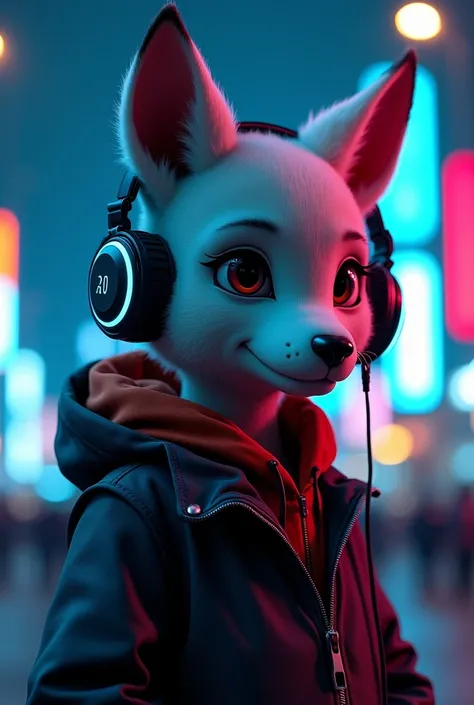 A stylish character but not a human but an animal with small headphones,  while diving into a digital world . The character wears a futuristic , urbanes Outfit .  The background shows a neon-lit cityscape ,  with flickering lights and a touch of cyberpunk ...