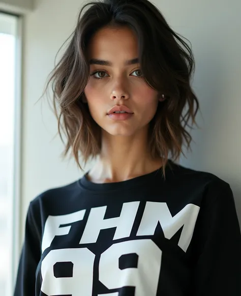 Create an image of a woman wearing a shirt with the word FHM99