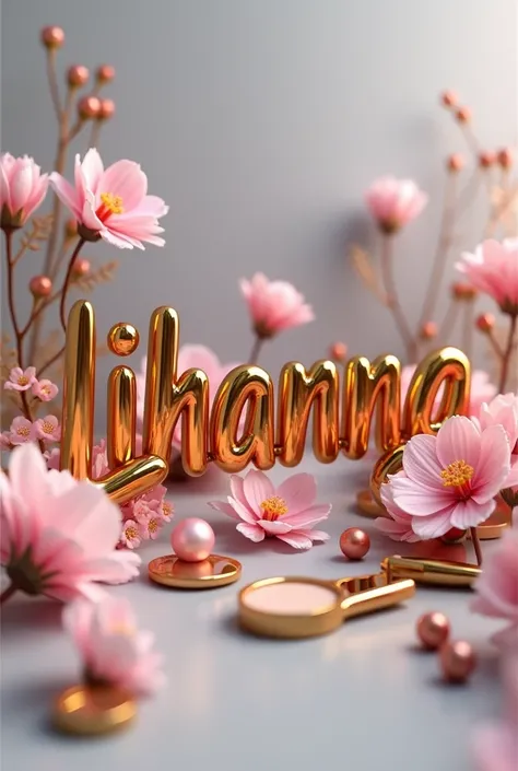 Prenom « LIHANNA » écrit en 3D COULEUR DORÉ avec décor mode, maquillage, fleurs roses claire et fond gris