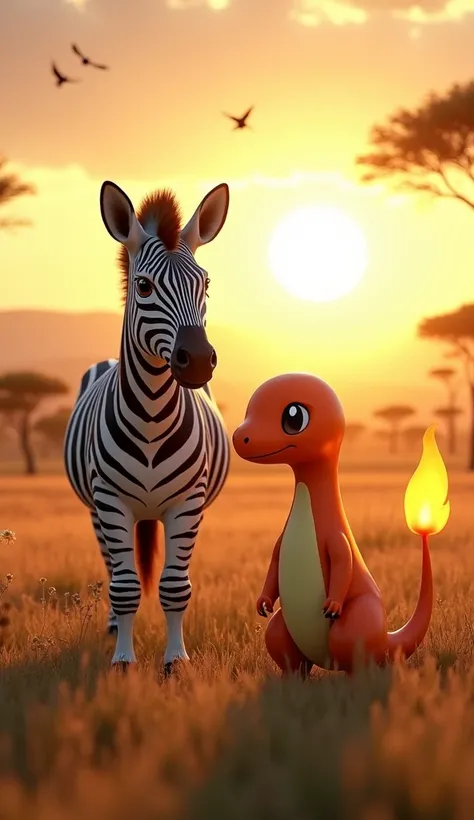 

Create a photorealistic composite of a striking zebra and Charmander during golden hour in the African savanna. The zebra should be grazing with its black-and-white stripes contrasting beautifully against the soft light of the setting sun. Place a 3D-ren...