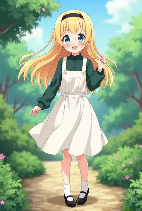 anime, female, young adult, blonde hair, blue eyes, dark green blouse underneath white pinafore dress, a-line skirt, knee-length skirt, Black hairband, black mary jane shoes, white socks, happy, long hair, beautiful, garden, smiling, playful, a little shy,...