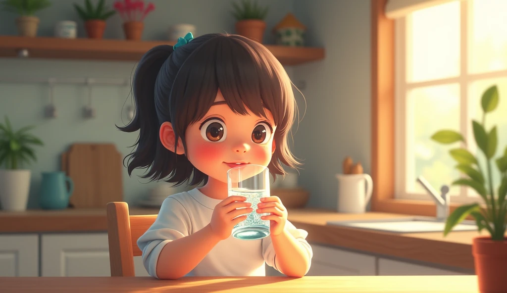 create a visualization of a girl drinking water in a glass with blury kitchen background with day time lighting
