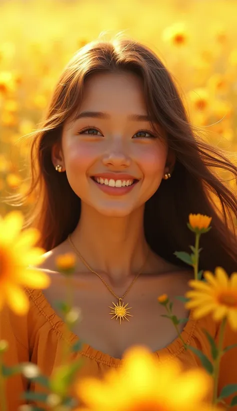 Smiling girl with long hair, wearing sun necklace, surrounded by golden flowers.