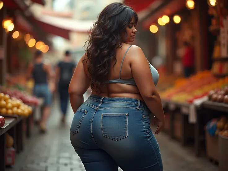 Beautiful thicc milf , plump body, round body, wearing jeans,big bubble ass, all fours , doggy style, in market,