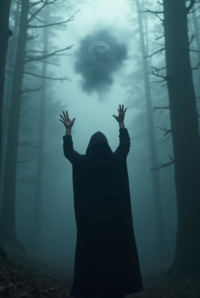 In the forest, a man with a black hood covering his face, who has raised the homeland to the sky, and behind him, mist