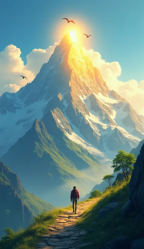 Illustration:
The character walks faster, heading towards the peak of a mountain that is illuminated by a golden light. As they approach the summit, the path becomes smoother.

Visuals: The mountain peak is bathed in golden light with clear skies above and...