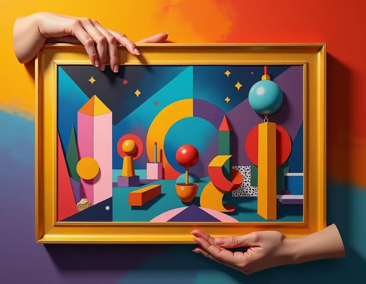 A MADI ,  -style painting with geometric objects and hands holding the painting