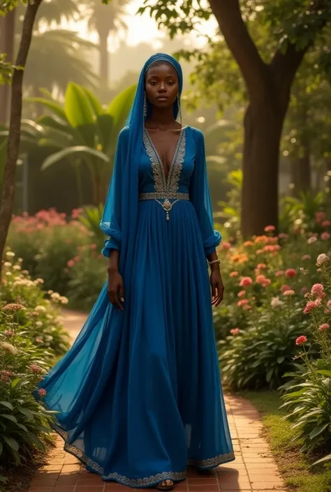 Make me images of a Senegalese woman veiled with a beautiful blue dress and taking a walk in the garden 