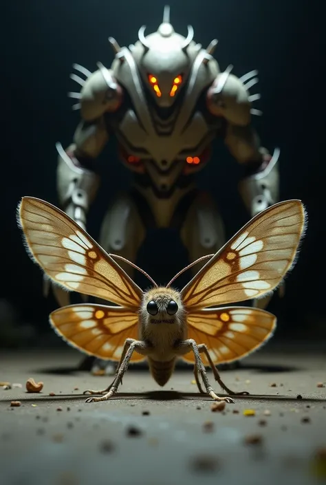 A large Moth and a towering Altered Creature face off, the details of each clearly defined in this high-contrast scene. The Moth has wide, elegant wings with a soft, symmetrical pattern of muted browns, whites, and yellows. Its body is compact and furry, a...