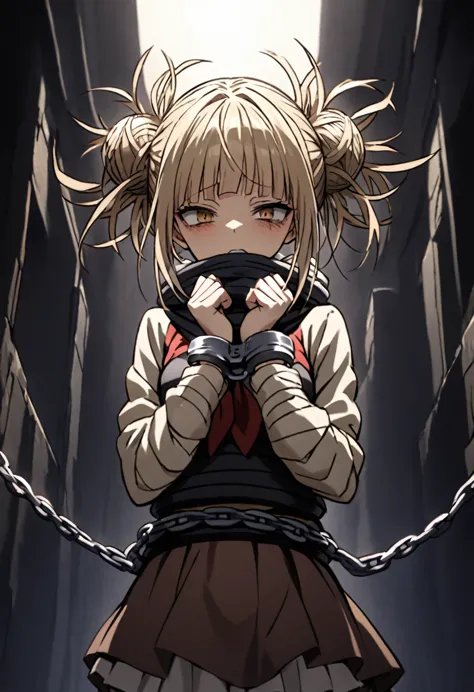 himiko toga from my hero akademia handcuffed with her hands folded in front (detained) with the handcuffs wrapped around their w...