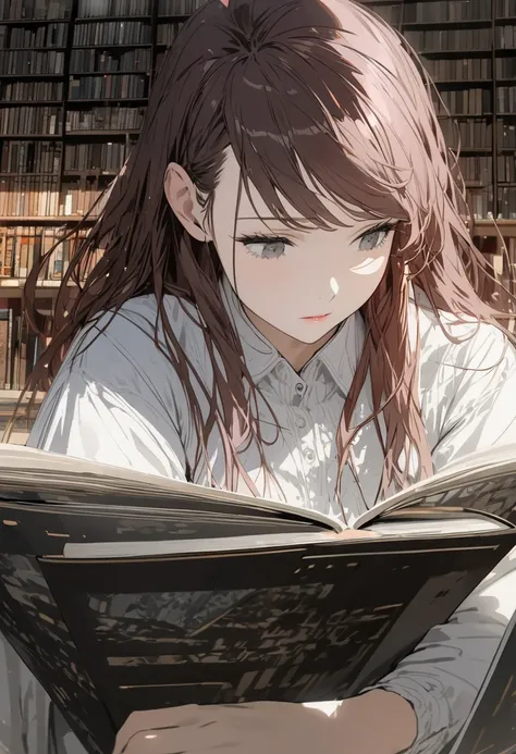 best quality, super fine, 16k, incredibly absurdres, extremely detailed, 2.5D, delicate and dynamic, beautiful woman falls asleep while reading, hair tucked behind ears, dark red hair, gray eyes, low twin tails, swept bangs, strapless white shirt, jeans, p...