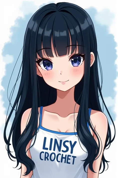 Image of a pretty white girl with straight black hair in a cartoon that says LINSY CROCHET written in blue tones 