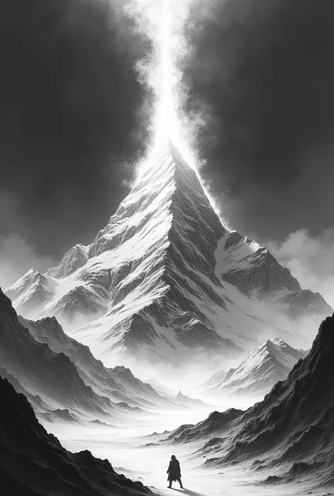 black and white drawing of ground trembling and fiery crack opened on top of the mountain realeasing giant spirit