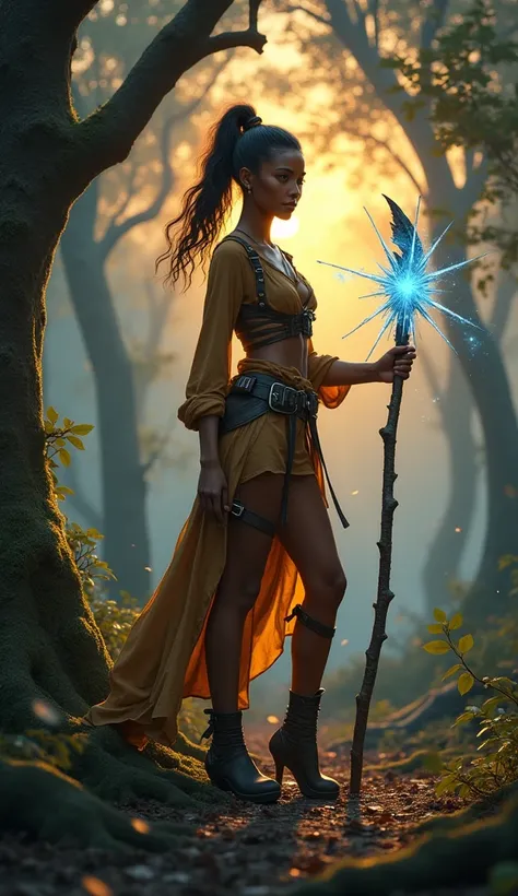 Diana,  the Dragon Cave acrobat , is standing on dry land in a magical forest at dusk , holding her magic staff in one hand. She wears an outfit inspired by the classic look of the series,  in shades of brown and gold , that highlight her dark skin.  The o...