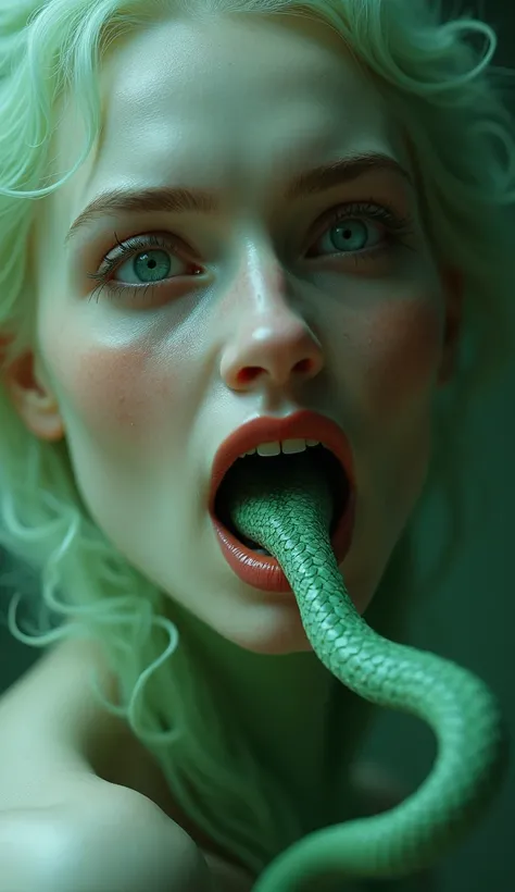 Close-up a fantasy creature, of a beautiful mutant woman with a seductive expression, From inside his mouth came a green snake whose body resembled the shape of a human tongue, surreal image