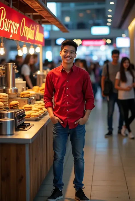  a handsome young Indonesian man in red box shirt blue jeans ,  black sneaker ,  he stands smiling face staring at camera hand holding catalog paper next to a storefront table stand selling burgers on the counter there is a stove and teflon and bread many ...