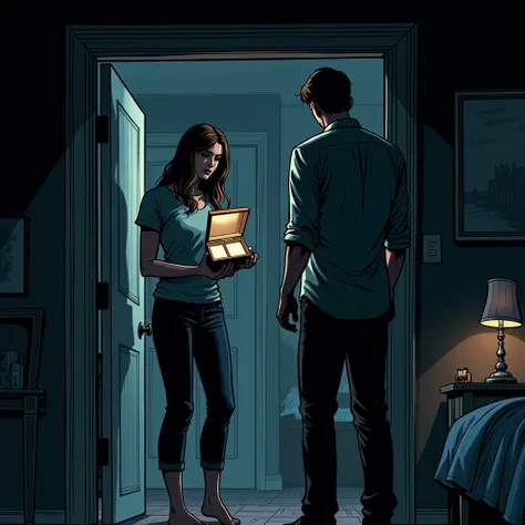 "A comic book-style digital artwork depicting a couple who have just returned from a long trip to find their home in darkness, with the electricity cut off. In the dim light, they make their way to the bedroom, where the wife is holding her jewelry box in ...