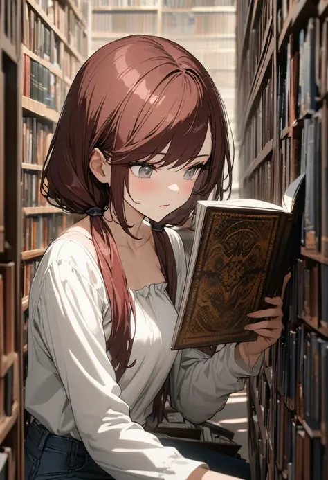 best quality, super fine, 16k, incredibly absurdres, extremely detailed, 2.5D, delicate and dynamic, beautiful woman reading, dark red hair, gray eyes, low twin tails, swept bangs, strapless white shirt, jeans, portrait, background big library