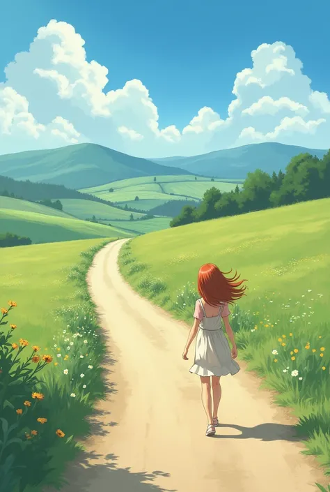 A girl is walking along the road