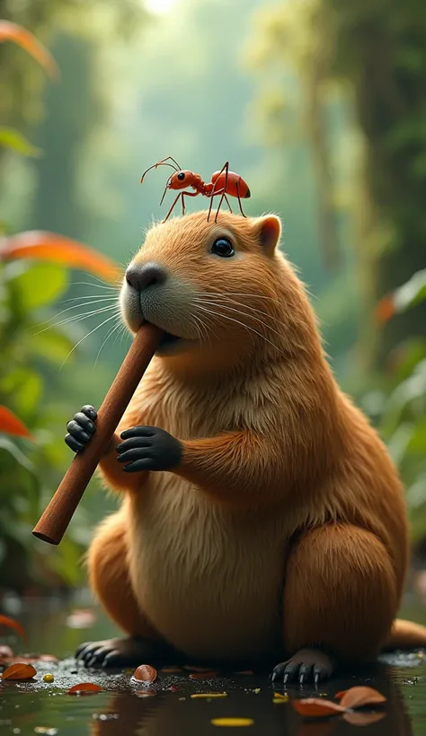 An ant sitting atop a capybara playing an ultra realistic flute 