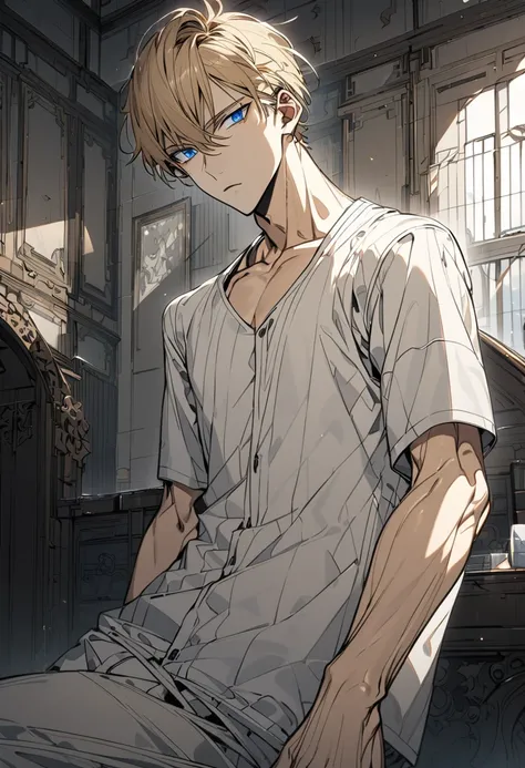 an anime style man, blonde hair, blue eyes, neutral expression, slender body, short hair, handsome, front hair on one side, detailed eyes, ultra detailed, high quality, masculine, bedroom background.