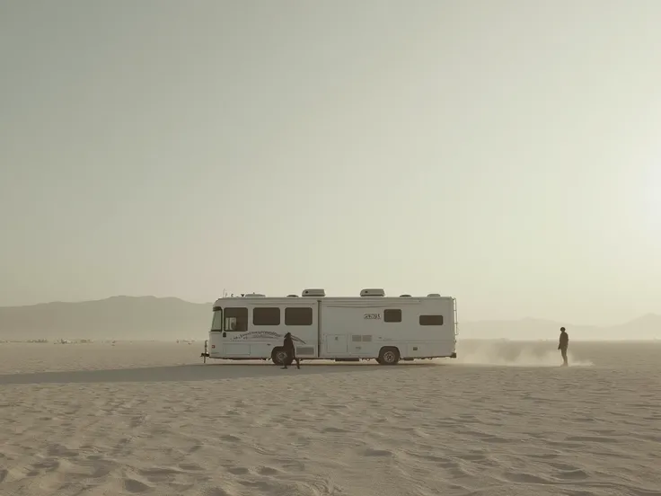 **Task:** Create an Instagram post for Burning Man 2024 with a focus on grey tones and the presence of Class A RVs. Showcase the iconic Burning Man symbol against a subdued desert landscape. Incorporate shades of grey, highlighting the rugged beauty. Featu...