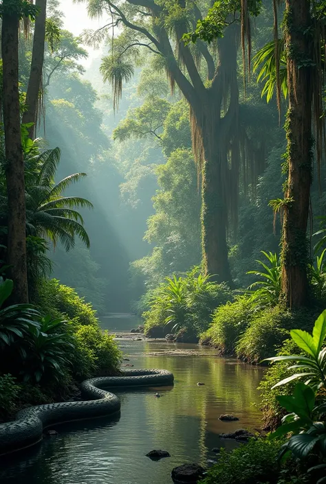 "Amazon Jungle Landscape with Anaconda"
A scenic view of the Amazon rainforest, with a massive anaconda partially hidden along the riverbank. Tall trees with hanging vines, dense bushes, and vibrant green plants fill the scene. The snake is just barely vis...