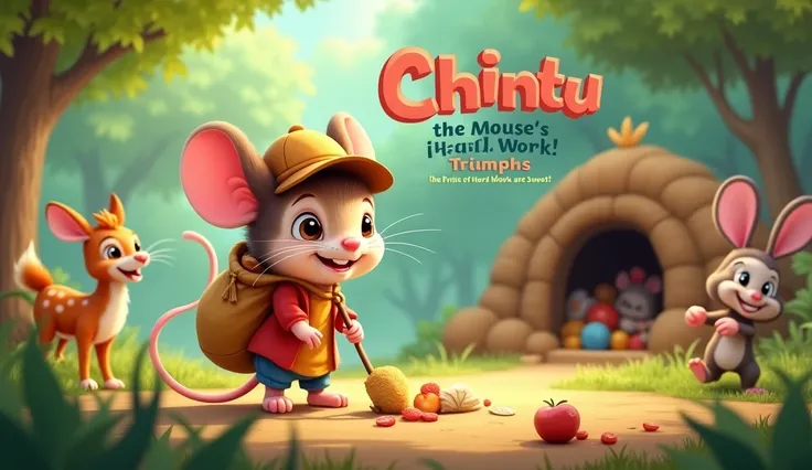 "An adorable mouse named Chintu, wearing a small hat and carrying a sack of food, is depicted in a vibrant forest setting. Surrounding him are cheerful but idle animals like a deer, rabbit, and monkey, laughing and relaxing. Chintu is shown with a determin...