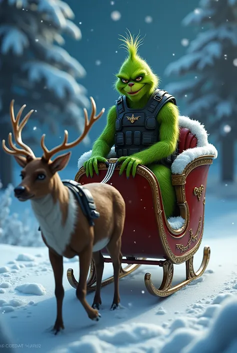 Grinch on sleigh wearing bulletproof vest with and reindeer