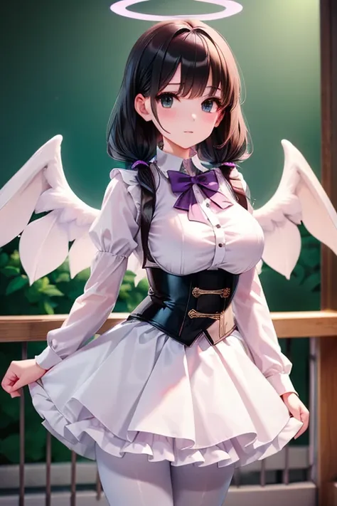 White Skirt, black haired,  twin tails, White Skirt,White Pantyhose, Corset , 8k, masterpiece,detailed halo ,  extremely detailed face,medium breast, solid circle eyes ,Wings at the waist, purple eyes, Godley,detailed shading, depth of field,(Green:1.2)