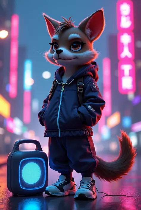 A stylish animal character, not human, standing confidently in a futuristic urban environment. This animal is listening to music from a sleek, portable speaker resting beside it, the soundwaves visibly rippling through the air. The character is wearing a t...