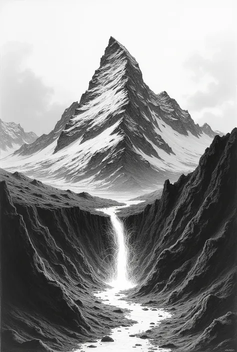 black and white drawing of ground trembling and fiery crack opened on mountain peak