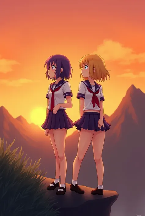   with flat breasts , with glasses,  short purple hair ,  purple eyes,  purple mini skirt ,  revealing school uniform ,  on the edge of another Mountain in front of the other {x} on the edge of a mountain in an orange sunset 
Another character,  small girl...