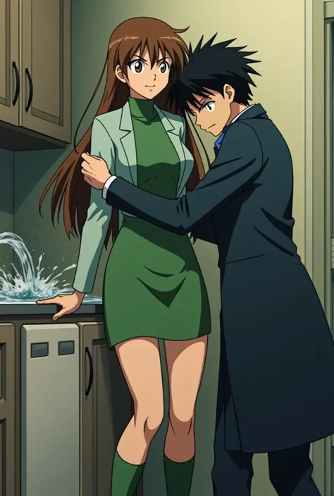 {{{mouri ran}}},{{{Detective Conan}}},{{{long hair}}},{{{official style}}},{{{adult}}},green dress,one-piece dress,turtleneck,green miniskirt, {light green cropped jacket},{light green cropped jacket},green socks,,sink,laundry,kitchen,bringing upper body t...